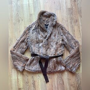 Tryst New York 100% Real Rabbit Fur Jacket XS Brown Gray Belted Luxury Coat